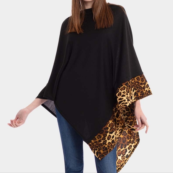 iFashionBox Accessories - Brown Black Leopard Print Trimmed Poncho Sweater Fashion Statement Accessories